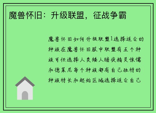 魔兽怀旧:升级联盟,征战争霸